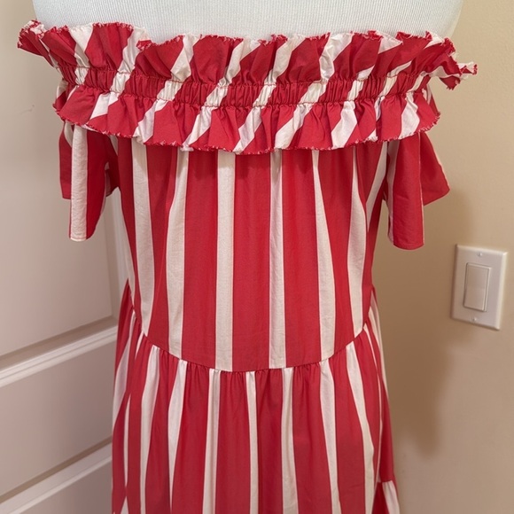 Trina Turk Cattleya Off The Shoulder Coral/White Striped Tiered Dress Size Small - Picture 7 of 10